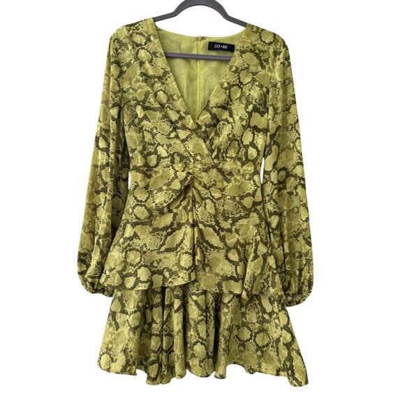 Do+Be snake Print Long Sleeve V-Neck Mini Dress With Peplum & Ruffle Hem - Picture 2 of 11